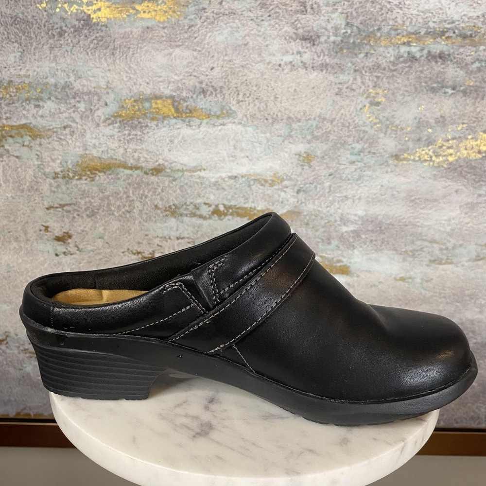 Clarks Collection Clog Shoes Womens Size 7 Wide Black Leather Slip On Comfort - Picture 5 of 9